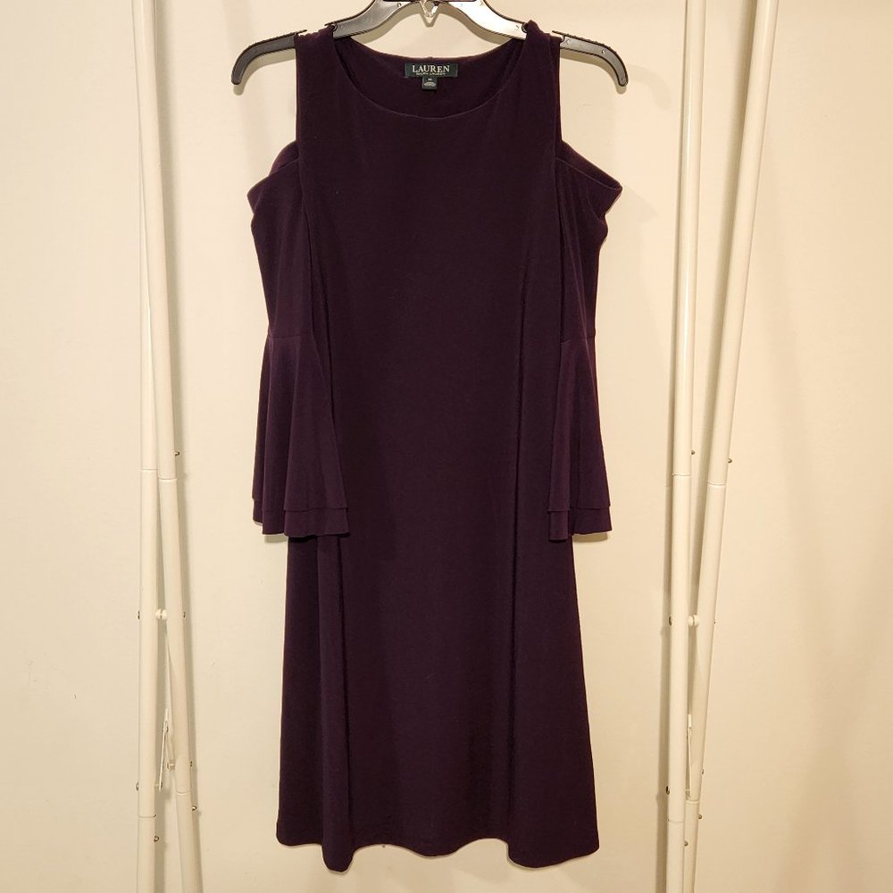 Ralph Lauren | Long Sleeve Bell Ruffle Shoulder Cut Out Purple Dress, Size 10